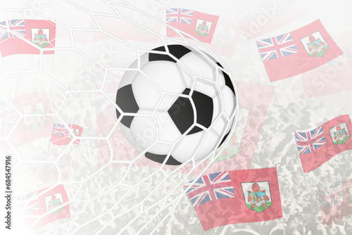 National Football team of Bermuda scored goal. Ball in goal net, while football supporters are waving the Bermuda flag in the background.