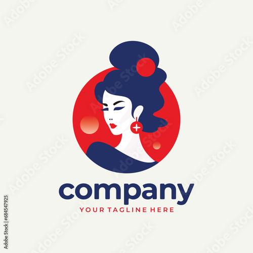 Modern Logo Design with a Woman's Face Illustration, Blue and Red Colors