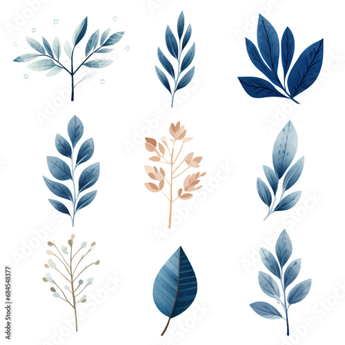 Set of winter botanicals. Watercolour flowers in a blue color palette. Isolated clip art botanicals.
