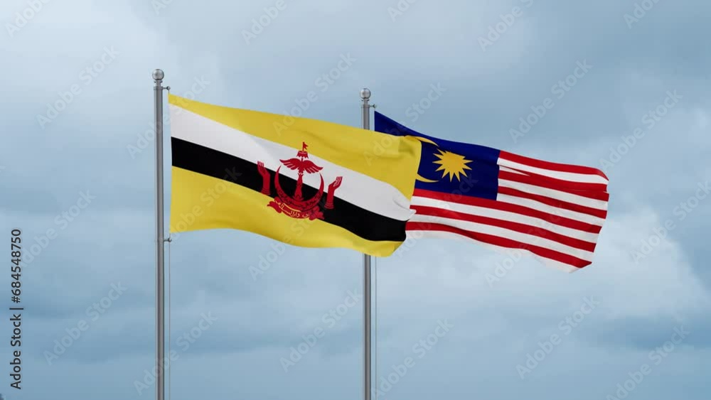 Malaysia and Brunei flag waving together on cloudy sky, endless seamless loop, two country cooperation concept Malaysia and Brunei flag waving together on cloudy sky, endless seamless loop, two country cooperation concept
