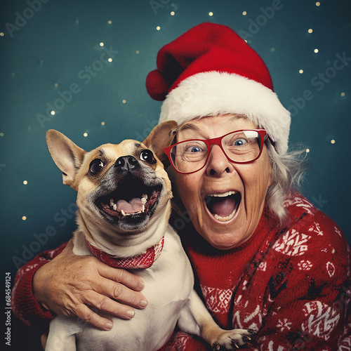 santa claus with dog funny senior woman old pug