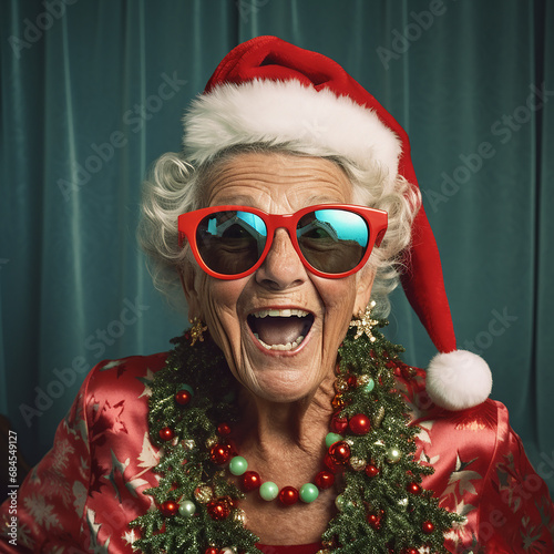 portrait of an old woman with a Santa hat 