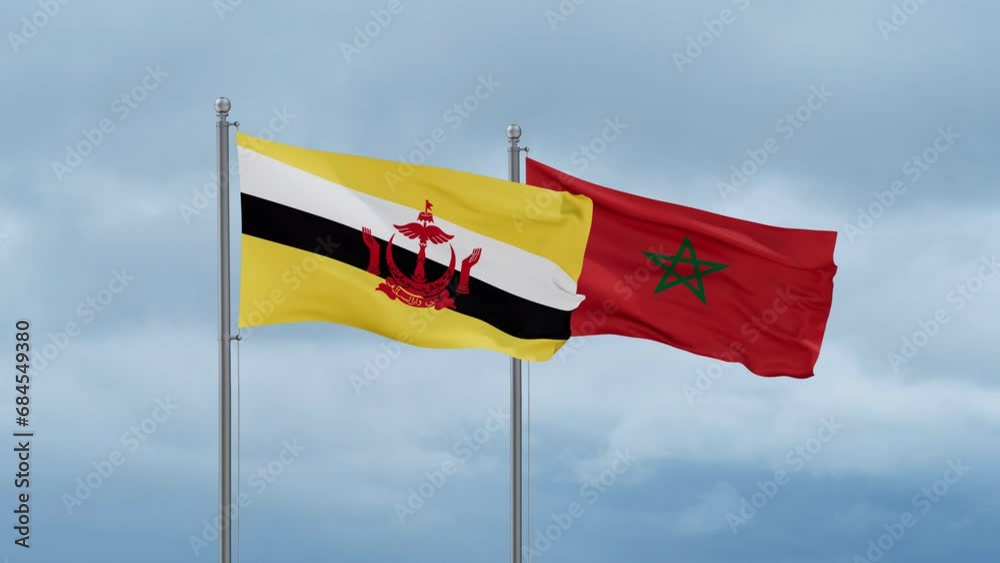 Morocco flag and Brunei flag waving together on cloudy sky, endless seamless loop, two country relations concept Morocco flag and Brunei flag waving together on cloudy sky, endless seamless loop, two country relations concept