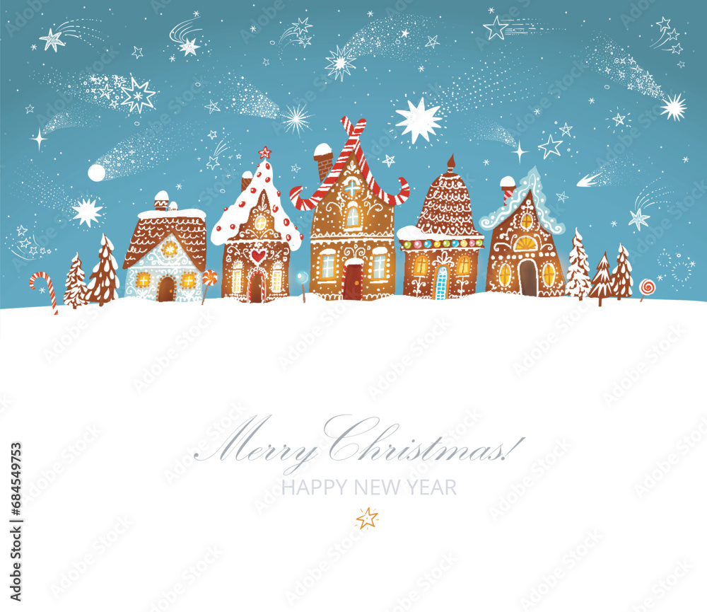 Christmas greeting card with cute gingerbread houses on blue background with shooting stars. Vector illustration with christmas village under the starry sky.