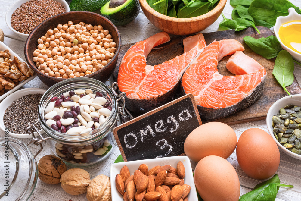 Food rich in omega 3 fatty acid and healthy fats. Animal and vegetable sources of omega3. Healthy keto and low carb diet eating concept - obrazy, fototapety, plakaty 