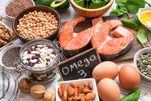Food rich in omega 3 fatty acid and healthy fats. Animal and vegetable sources of omega3. Healthy keto and low carb diet eating concept photo