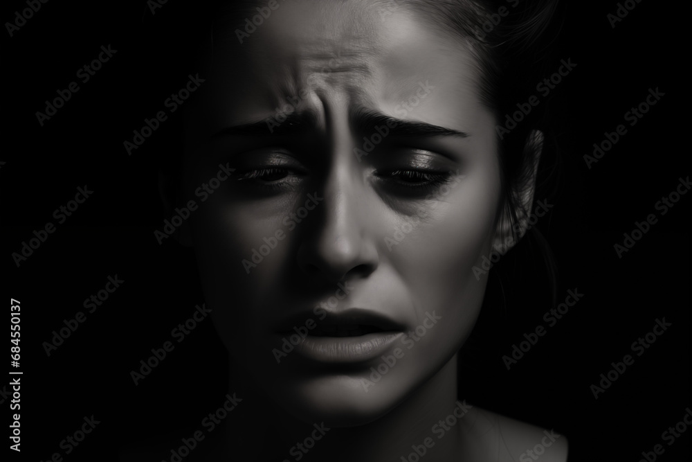 Portrait of a Distressed Woman Against a Black Background, Expressing Profound Emotions of Sadness and Sorrow in a Powerful Image of Desolation