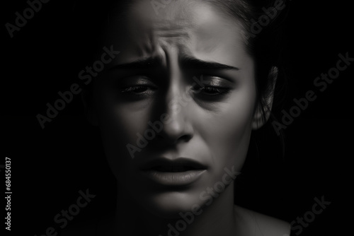 Portrait of a Distressed Woman Against a Black Background  Expressing Profound Emotions of Sadness and Sorrow in a Powerful Image of Desolation