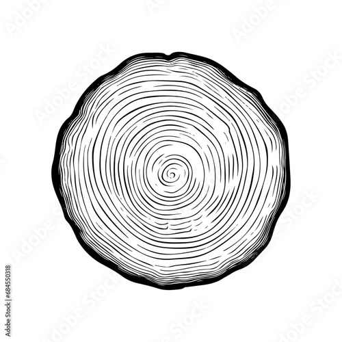 vector illustration of round tree trunk cuts, sawn pine or oak slices, lumber. Saw cut timber, wood. Wooden texture with tree rings. Hand drawn sketch isolated on white background