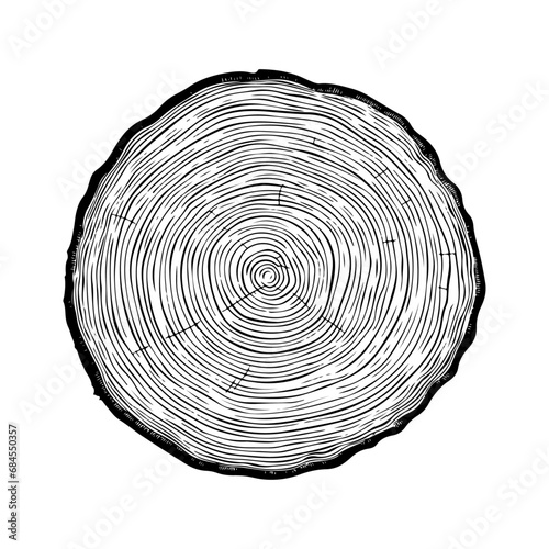 vector illustration of round tree trunk cuts, sawn pine or oak slices, lumber. Saw cut timber, wood. Wooden texture with tree rings. Hand drawn sketch isolated on white background