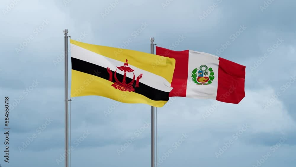 Peru and Brunei flag waving together on cloudy sky, endless seamless loop, two country cooperation concept Peru and Brunei flag waving together on cloudy sky, endless seamless loop, two country cooperation concept