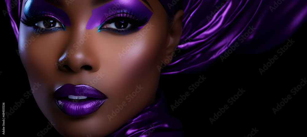 Banner of black skin woman with purple make up