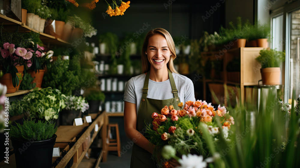 Young Woman Florist Holding Ready-Made Bouquet in Flower Shop
