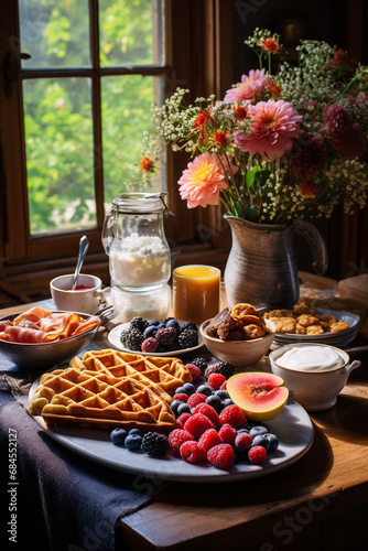 Brunch Spread: Waffles, Bacon, Sausage, Croissants, and Berries Adorn Breakfast Table
