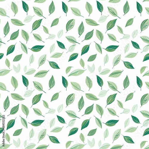 a green leaf on a white seamless pattern background.