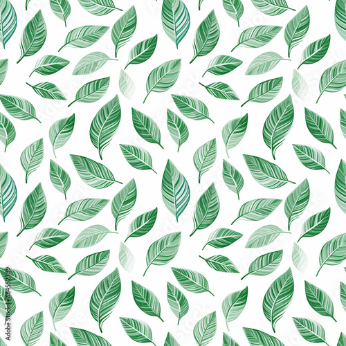 a green leaf on a white seamless pattern background.