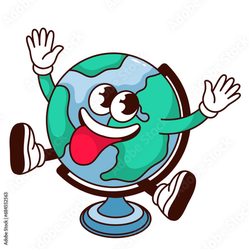 Groovy Earth globe character vector illustration. Cartoon isolated retro sticker of funny ball with world map, tongue on trippy face, happy Earth mascot with legs and arms for geography school lesson