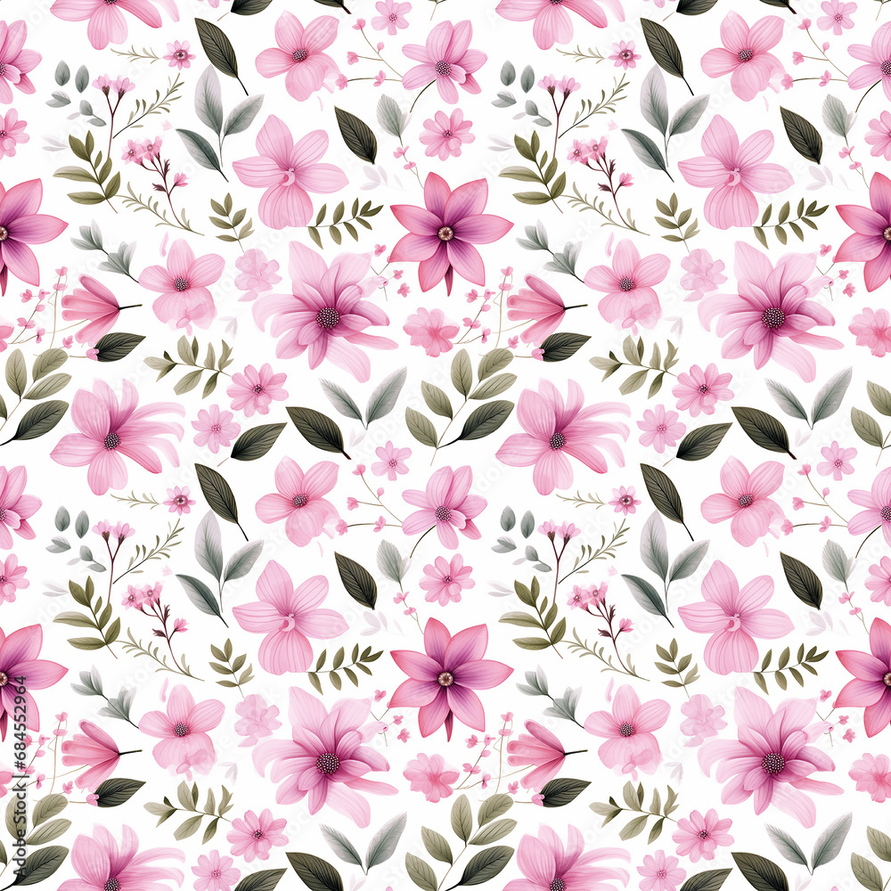 lots of pink flowers and leaves seamless pattern background.