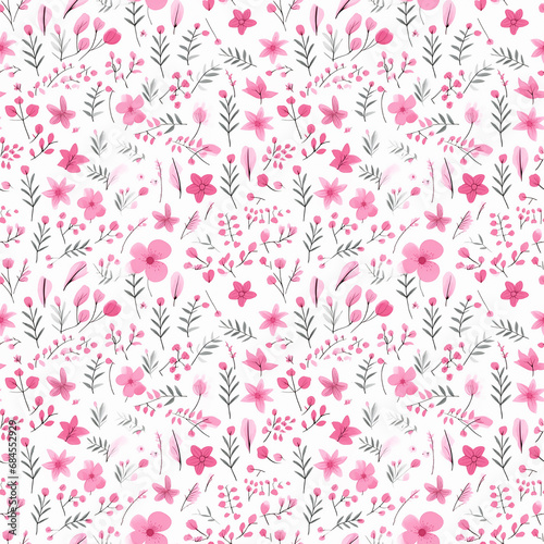 lots of pink flowers and leaves seamless pattern background.