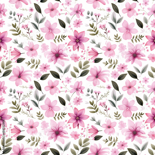 lots of pink flowers and leaves seamless pattern background.