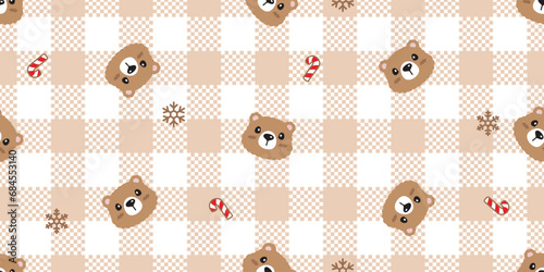 bear polar seamless pattern Christmas Santa Claus head face vector checked tartan plaid pet candy cane snowflake doodle cartoon gift wrapping paper tile background repeat wallpaper illustration scarf 