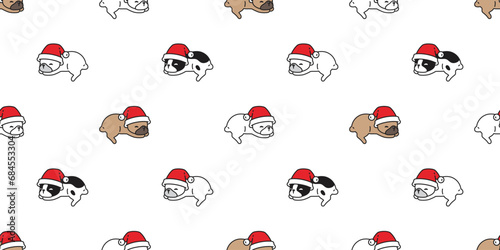 dog seamless pattern french bulldog Christmas Santa Claus hat vector sleeping cartoon puppy pet doodle gift wrapping paper tile background repeat wallpaper illustration scarf isolated design