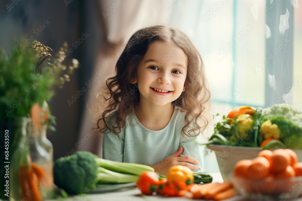 A little girl sits at a table in front of him vegetables, broccoli, carrots, tomatoes, cabbage