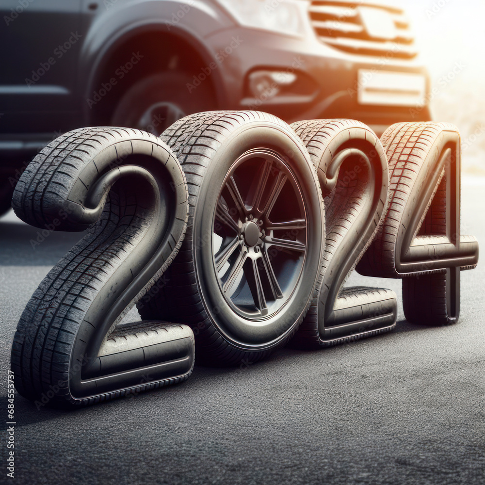 Rubber car wheels in the form of 2024 numbers on the asphalt and street background. ai generative - obrazy, fototapety, plakaty 