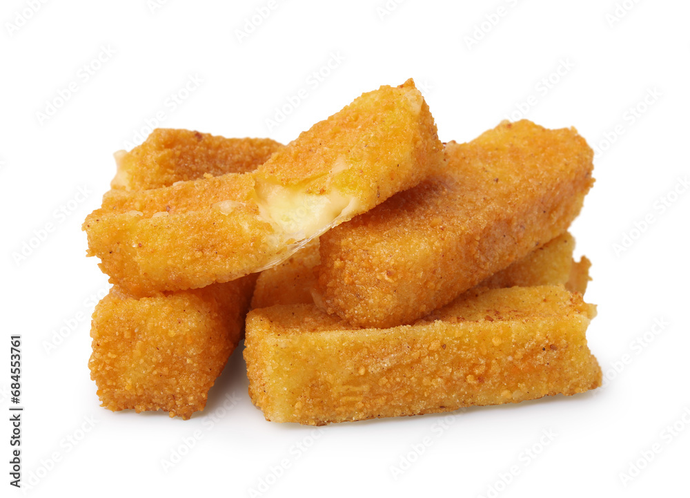 Pile of tasty fried mozzarella sticks isolated on white Pile of tasty fried mozzarella sticks isolated on white