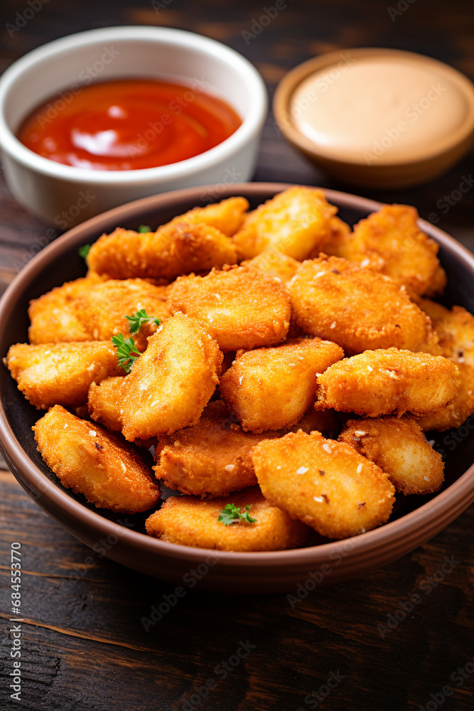 Finger Food Delight: Catfish Nuggets with a Side of Dipping Sauce in a Bowl Finger Food Delight: Catfish Nuggets with a Side of Dipping Sauce in a Bowl