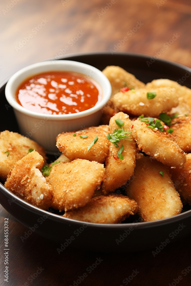 Tasty Treat: Bowl of Catfish Nuggets Paired with Dipping Sauce Tasty Treat: Bowl of Catfish Nuggets Paired with Dipping Sauce