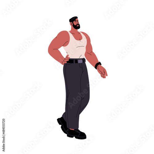 Business muscular man with athletic arms. Bearded bodybuilder with strong body, sturdy figure. Serious businessman in trousers. Sport lifestyle. Flat isolated vector illustration on white background