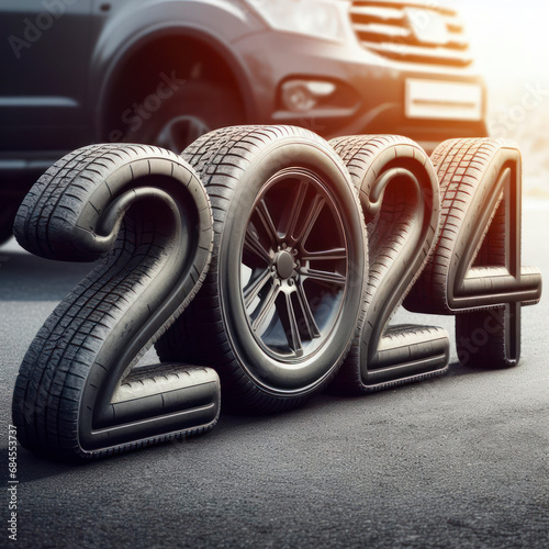 Rubber car wheels in the form of 2024 numbers on the asphalt and street background. ai generative photo