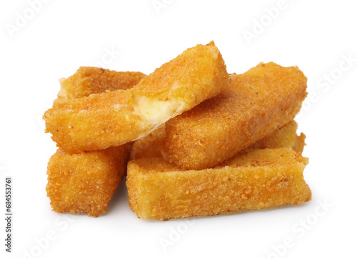 Pile of tasty fried mozzarella sticks isolated on white