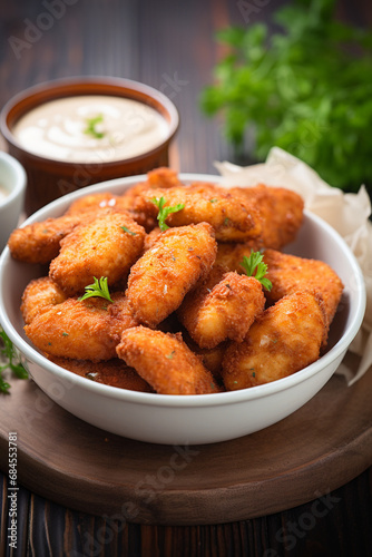 Tasty Treat: Bowl of Catfish Nuggets Paired with Dipping Sauce