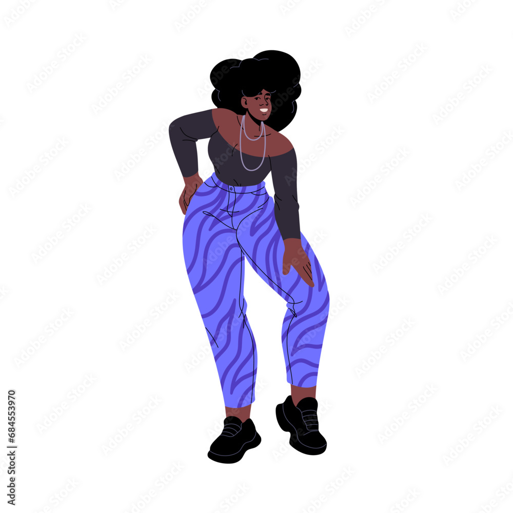 People with sporty figure in disco outfit standing. African american girl posing: hand on her hip. Happy slim woman smiles. Active lifestyle. Flat isolated vector illustration on white background People with sporty figure in disco outfit standing. African american girl posing: hand on her hip. Happy slim woman smiles. Active lifestyle. Flat isolated vector illustration on white background
