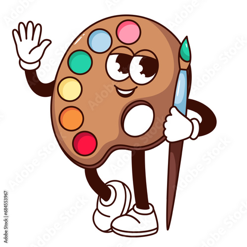 Groovy palette with paints character vector illustration. Cartoon isolated funny retro sticker of artists tools for artwork, palette mascot with happy face greeting, holding paint brush and waving