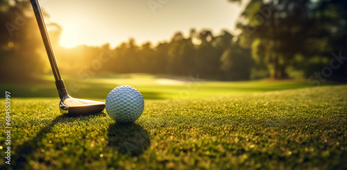 Golf club and ball in grass photo