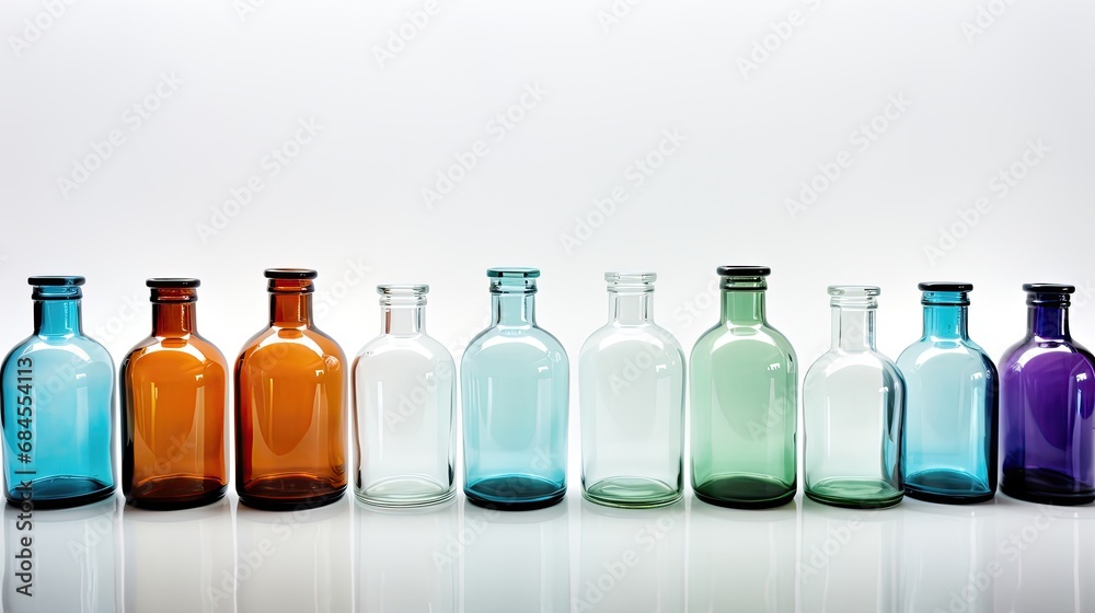 Round glass bottles placed on a table white background