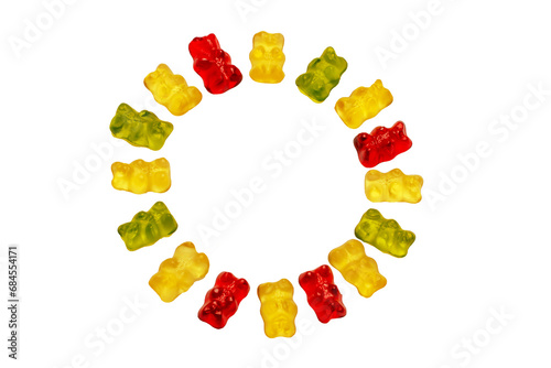 Gummy bears. Circle of fruity gummy bears with rainbow colors isolated on white background. Rainbow circle of sweet yellies. Teddy bear circle. Candy concept.