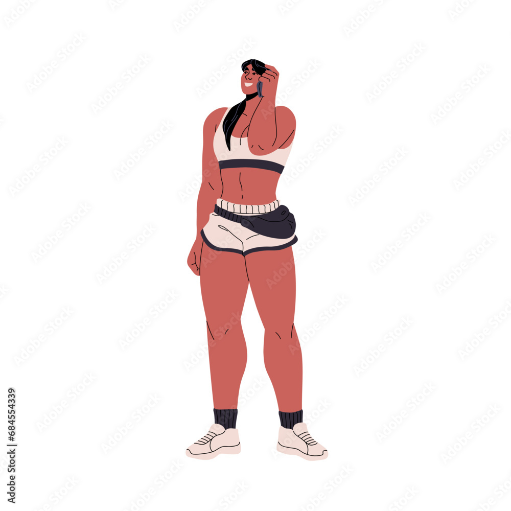 Strong woman with athletic body, sporty figure talk by smartphone. Muscular sportswoman with waist bag standing. Girl in sport outfit communicate by phone. Flat isolated vector illustration on white
