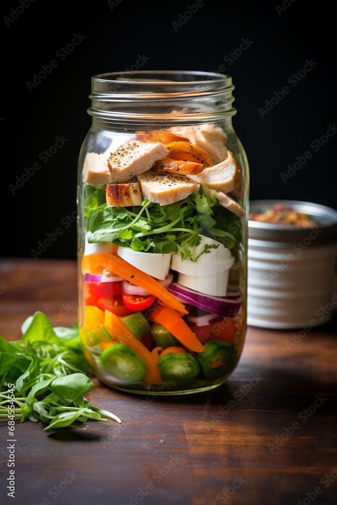Portable Nutrition: Chicken and Vegetable Salad Packed in a Jar for On-the-Go Healthy Lunch Portable Nutrition: Chicken and Vegetable Salad Packed in a Jar for On-the-Go Healthy Lunch
