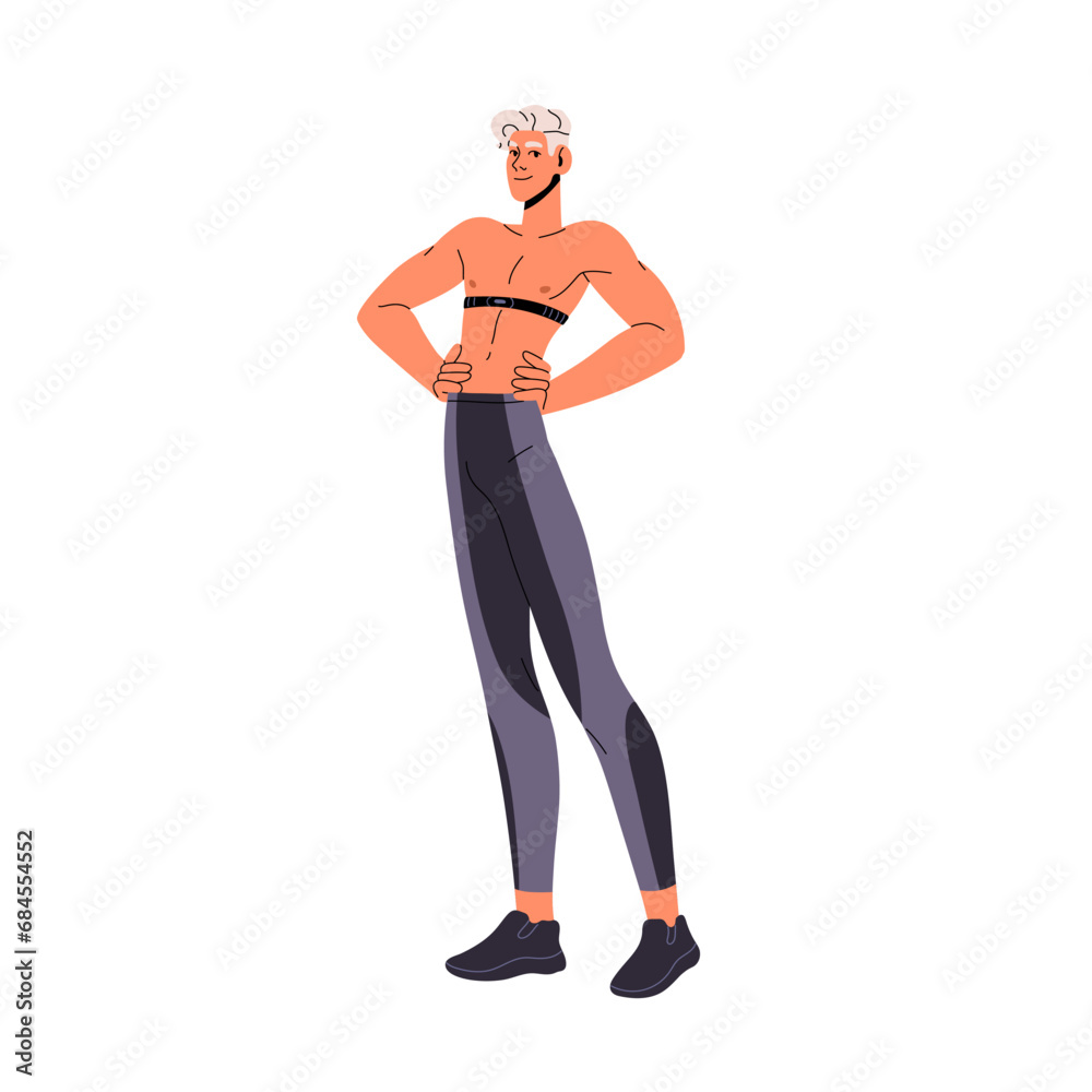 Fit boy with naked slim torso, trunk posing. Young shapely man with skinny figure, athletic body. Sport guy in sportswear with slender physique. Flat isolated vector illustration on white background