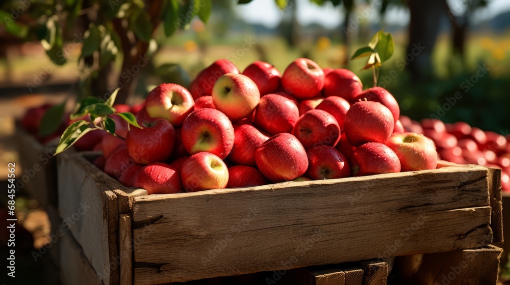 Ripe red organic apples in a grassy garden under an apple tree In an old wooden crate With copyspace for text Ripe red organic apples in a grassy garden under an apple tree In an old wooden crate With copyspace for text