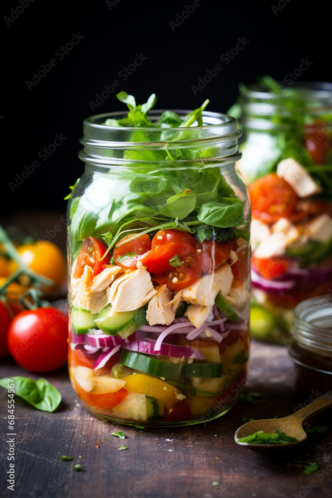 Portable Nutrition: Chicken and Vegetable Salad Packed in a Jar for On-the-Go Healthy Lunch Portable Nutrition: Chicken and Vegetable Salad Packed in a Jar for On-the-Go Healthy Lunch