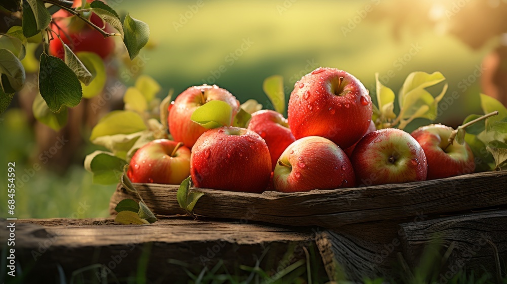 Ripe red organic apples in a grassy garden under an apple tree In an old wooden crate With copyspace for text Ripe red organic apples in a grassy garden under an apple tree In an old wooden crate With copyspace for text
