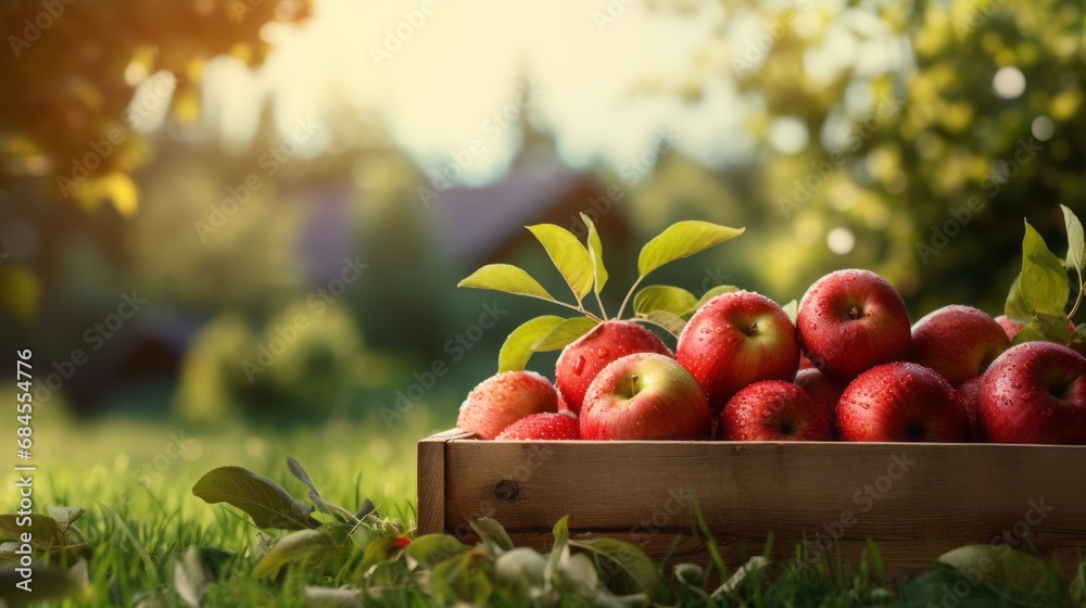 Ripe red organic apples in a grassy garden under an apple tree In an old wooden crate With copyspace for text Ripe red organic apples in a grassy garden under an apple tree In an old wooden crate With copyspace for text