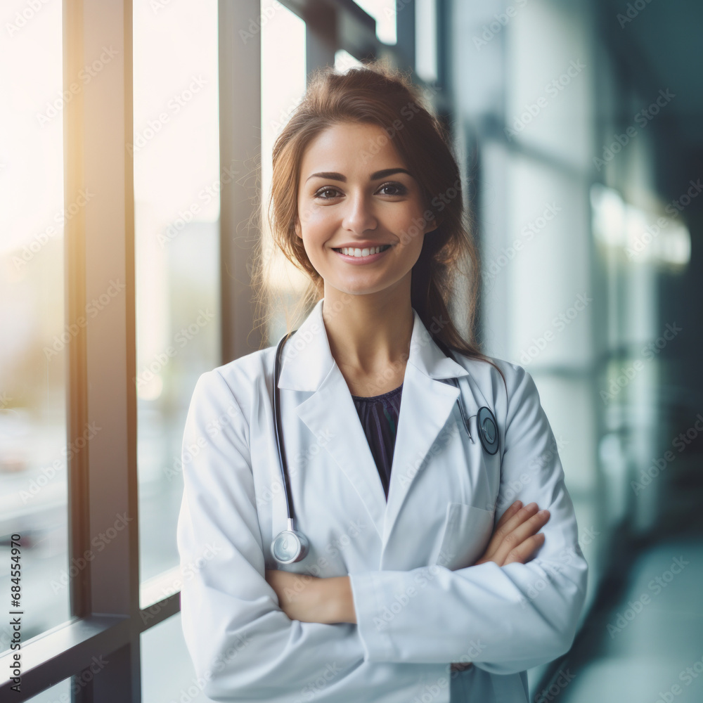 Beautiful smiling female doctor standing in white coat in hospital Beautiful smiling female doctor standing in white coat in hospital