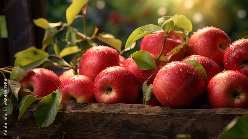 Obraz premium Ripe red organic apples in a grassy garden under an apple tree In an old wooden crate With copyspace for text