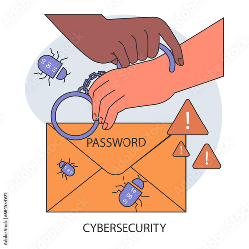 Data privacy. Cyber or web security. Hand secures a digital envelope labeled against lurking threats. Keywords: digital lock, hacking defense, online protection. Flat vector illustration.